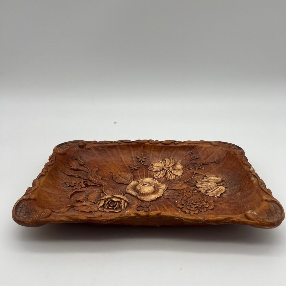 Vintage 1944 Multi Products Inc. Resin Faux Wood Flower Weathered Tray 11" x 7.5